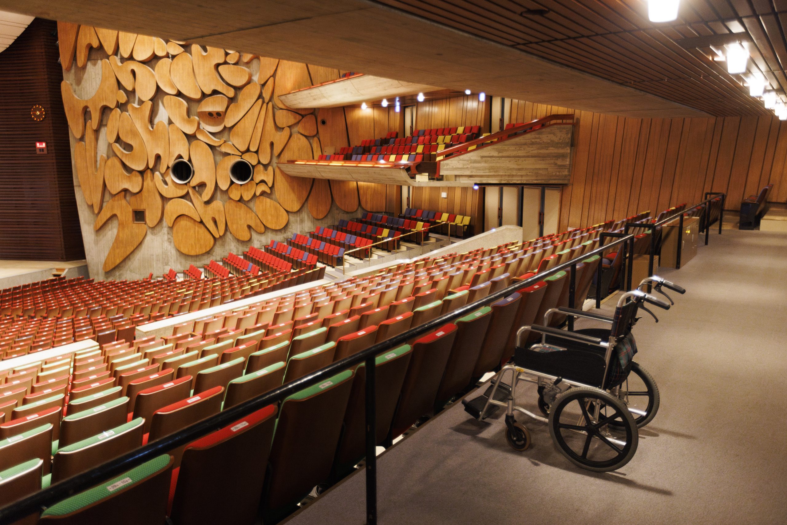 Wheelchair-accessible seating in the Main Hall. The Main Hall offers 14 seats on the first floor, and the Recital Hall offers four seats, where viewers can enjoy the performance while remaining in their wheelchairs