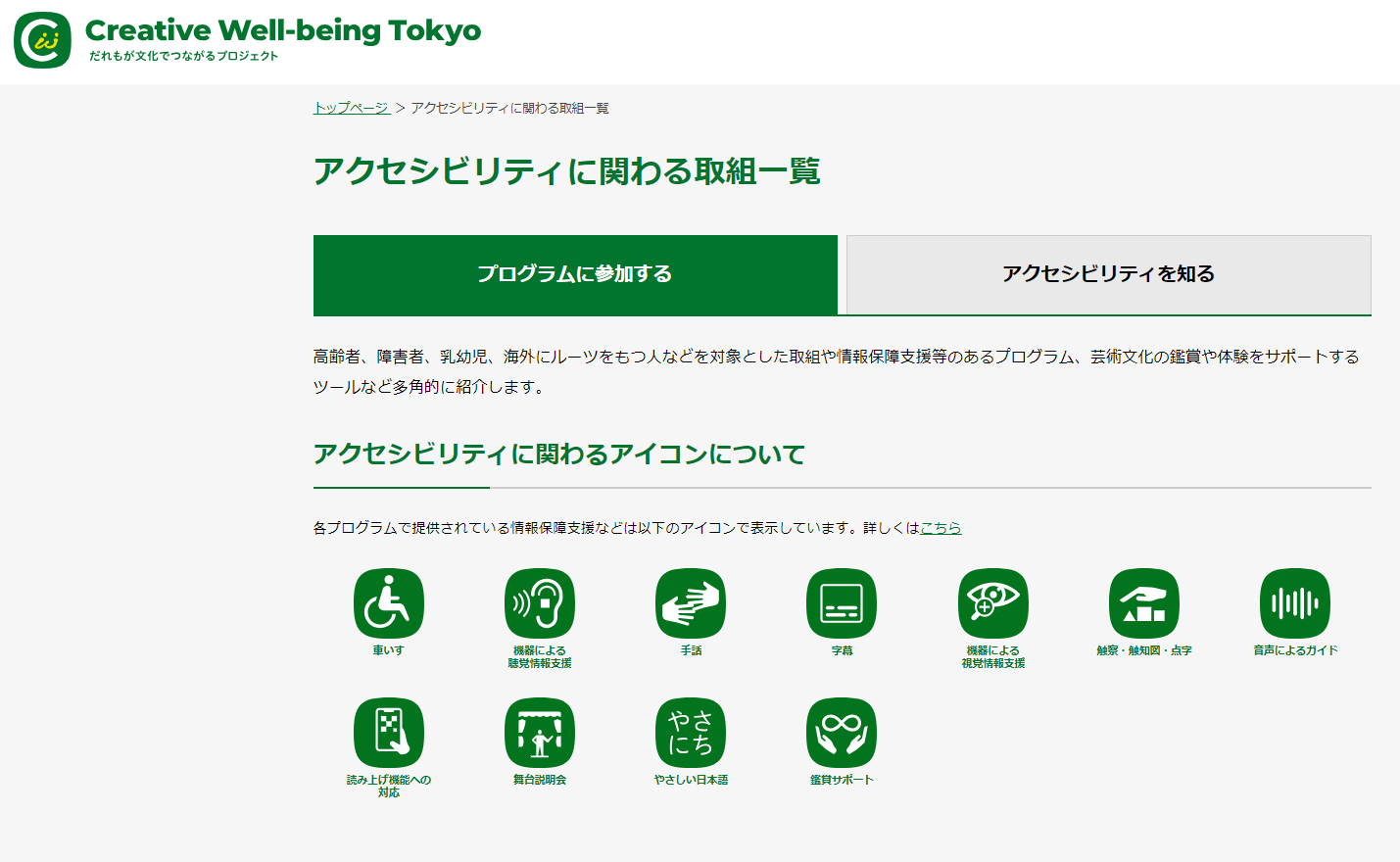 クリエイティブ・ウェルビーイング・トーキョーwebサイト内「アクセシビリティに関わる取組一覧」